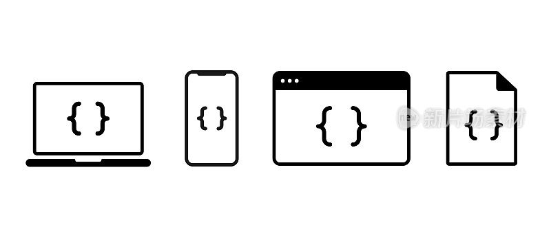 代码设备矢量图标。设备编码程序脚本符号。应用程序编程窗口说明