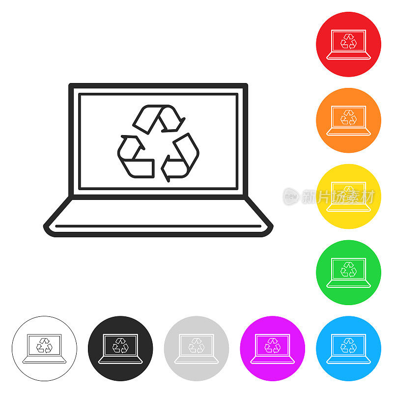 笔记本电脑与回收标志。彩色按钮上的图标