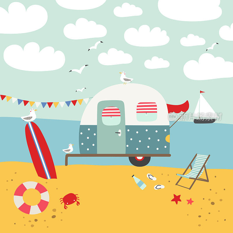 矢量插图与露营车和冲浪板在海滩上。
