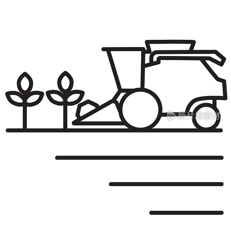 现代农场和农业结合收割机图标概念细线风格-可编辑的笔画