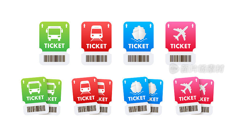 公共汽车、飞机和火车的车票。孤立的地铁和铁路通行证卡。孤立的矢量图