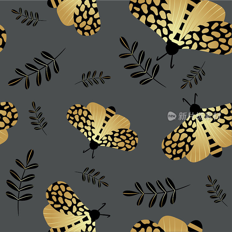 金色和黑色蝴蝶的无缝图案。适用于设计新潮面料、家纺、服装、纸张、墙纸、不寻常包装、窗帘的模板。矢量插图。