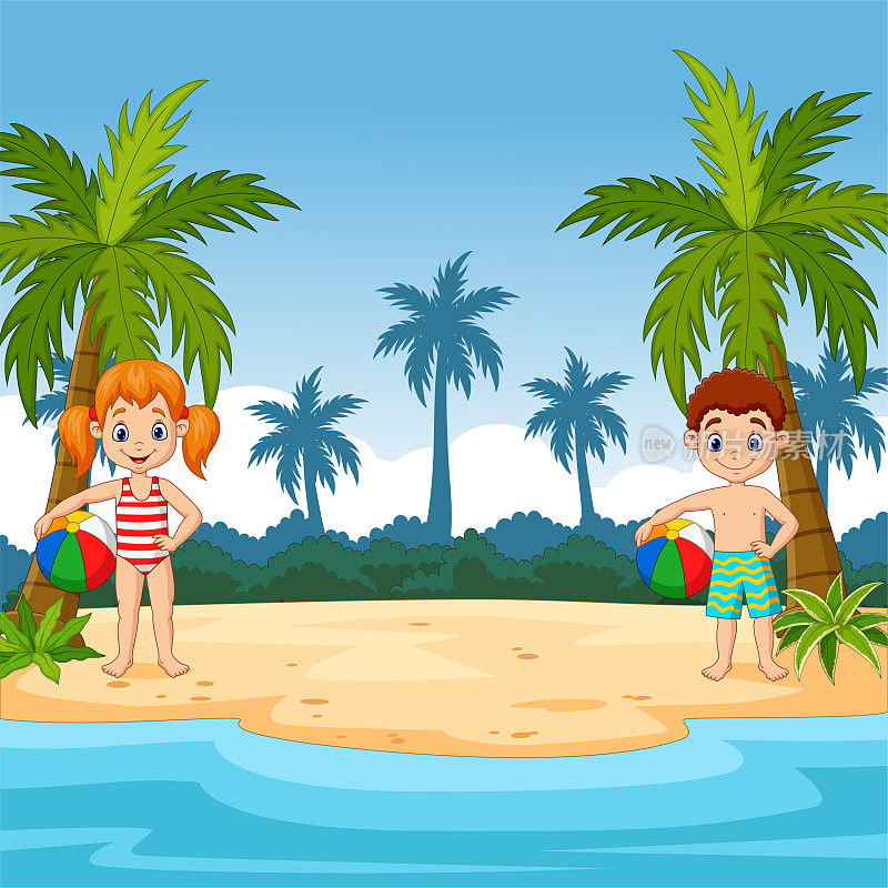 在热带岛屿上玩沙滩球的卡通小孩