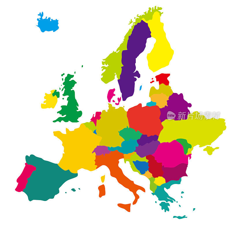 可移动和编辑的世界地图，欧洲部分。色彩斑斓的
