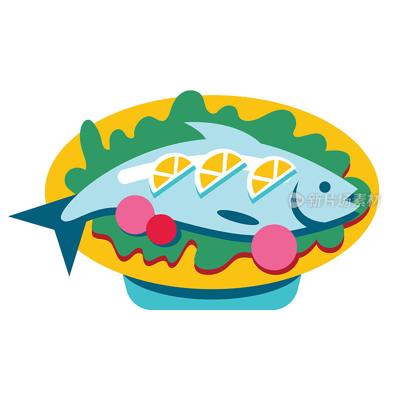 炸鱼和蔬菜放在盘子里。金枪鱼或鲑鱼菜。柠檬鲜鱼