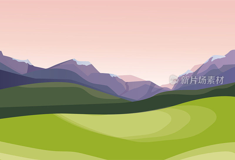 美丽的山的风景。夕阳下紫色的安第斯山脉，绿色的山坡，温暖而丰富的阴影