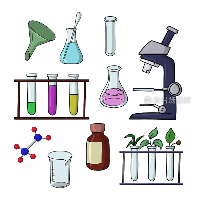 一大组彩色图标，化学和生物实验用显微镜，矢量卡通