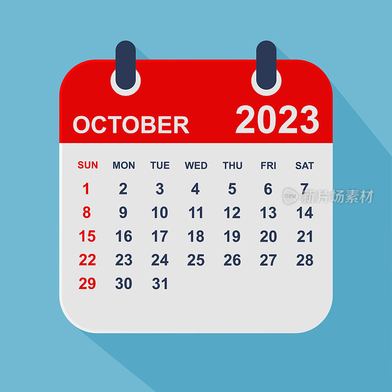 2023年10月月历叶。一周从周日开始。业务矢量图