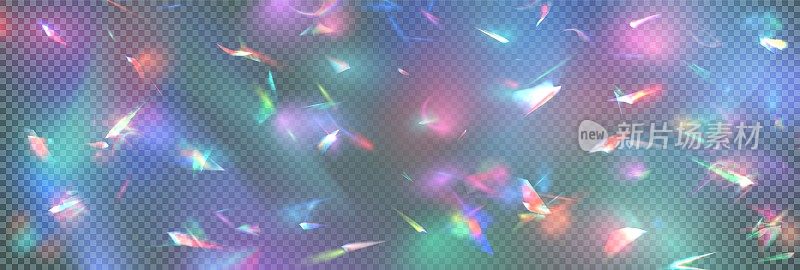 叠加彩虹效果，棱镜晶体折射光。逼真的钻石反射，彩虹光光学效果彩色集合，明亮的光谱辉光射线。透镜眩光、玻璃、珠宝或宝石宝石的模糊反射眩光，对光学物理有影响