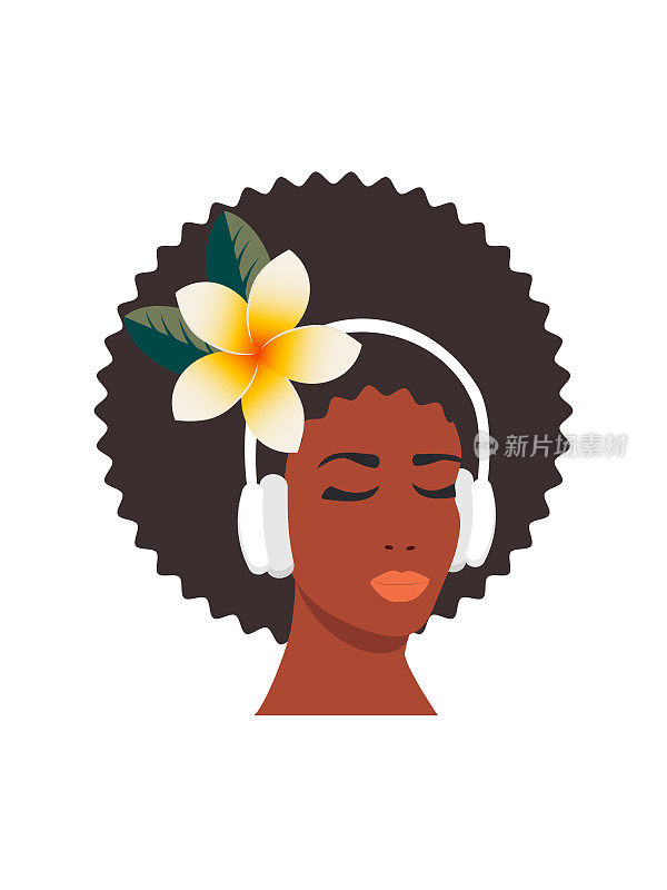 一位美丽的非洲裔美国妇女戴着耳机听音乐。白色背景上孤立的女性头部。放松的概念，好心情，休息。向量。
