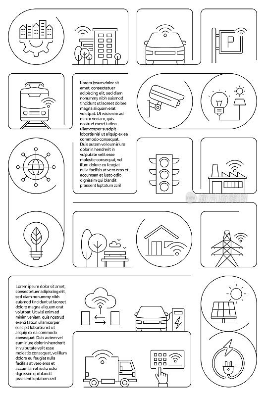 智慧城市相关矢量横幅设计概念，现代线条风格与图标