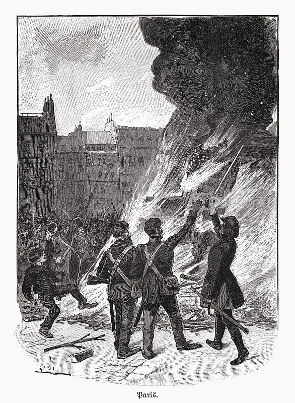 《宝座的燃烧》，法国大革命(1848)，木刻，1893年出版