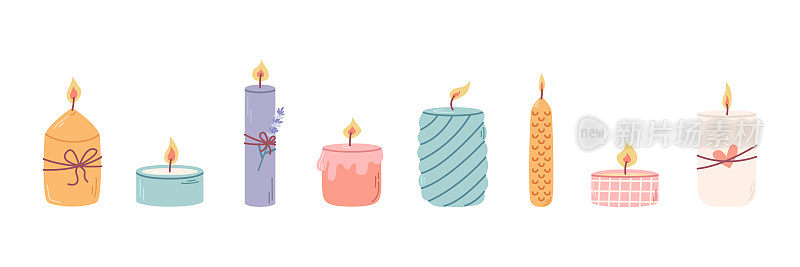 一套不同的装饰香薰蜡烛在烛台放松和水疗。矢量平面插图