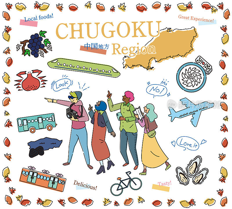 在日本Chugoku地区享受秋天美食观光的游客，一组图标(线条画)