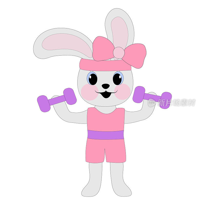 一个兔女郎穿着粉色t恤、短裤，额头上缠着绷带，用爪子夹着哑铃，喜欢运动。2023年的象征。健康生活方式的概念。儿童涂色书。矢量图