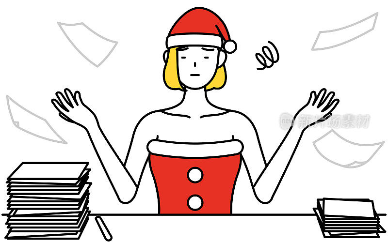 简单的线条画插图的女人打扮成圣诞老人谁是厌倦了她的无组织的业务。