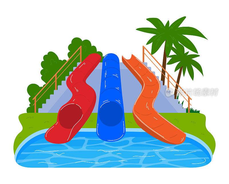 水公园的水池，公园设计中的水滑梯，矢量插图。水上乐园适合夏季卡通休闲、度假、娱乐。