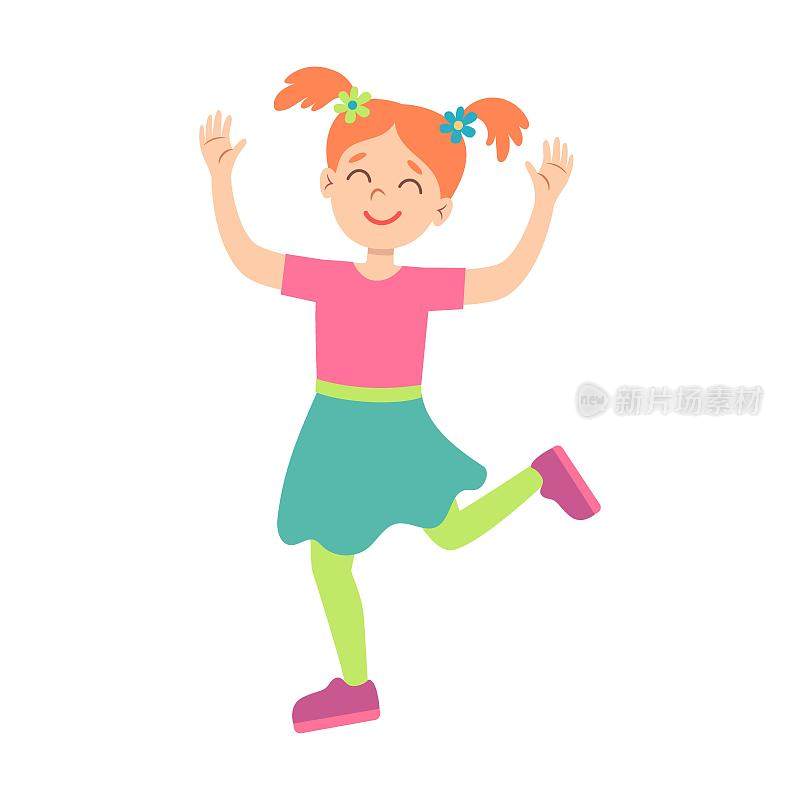 可爱的卡通女孩一起跳舞矢量插图。快乐的孩子在白色背景上微笑和大笑