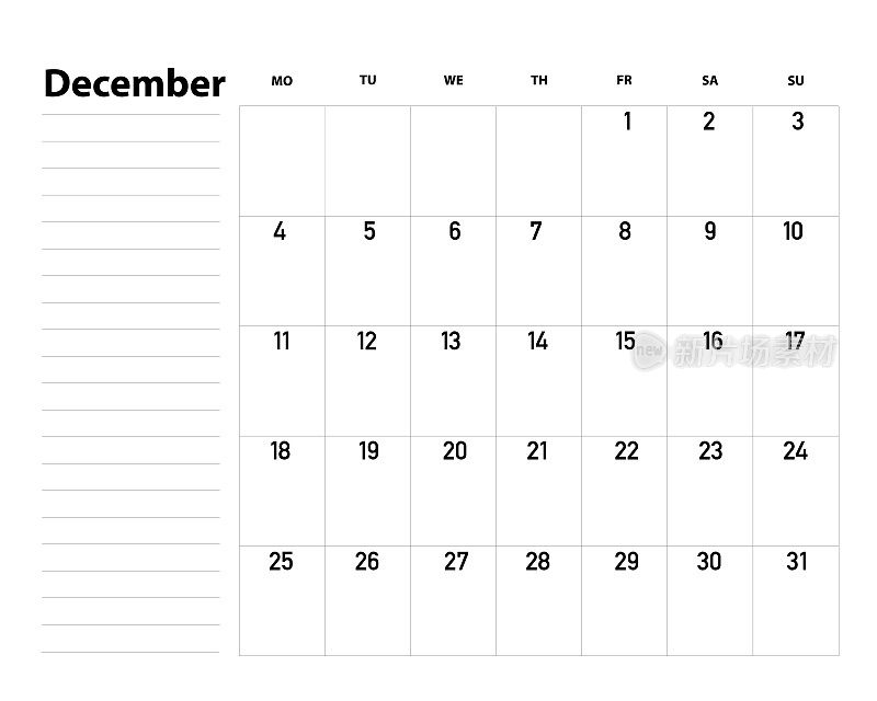 2023年12月，日历，计划，模板-矢量，插图。