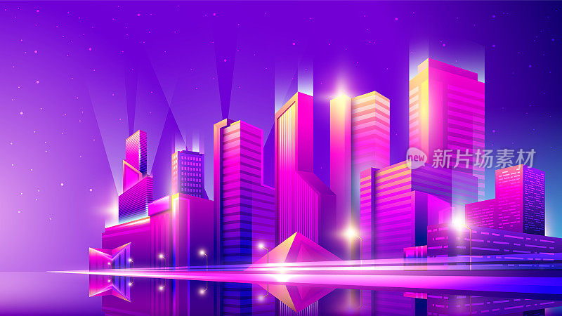 矢量霓虹灯彩色梯度插图的全景夜城市与聚光灯。