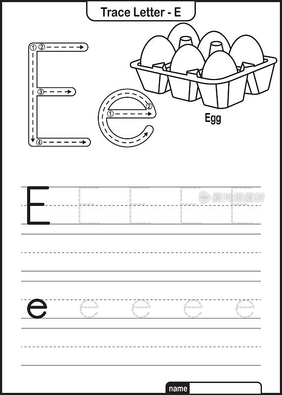 字母跟踪字母A到Z学龄前工作表与字母E蛋亲矢量