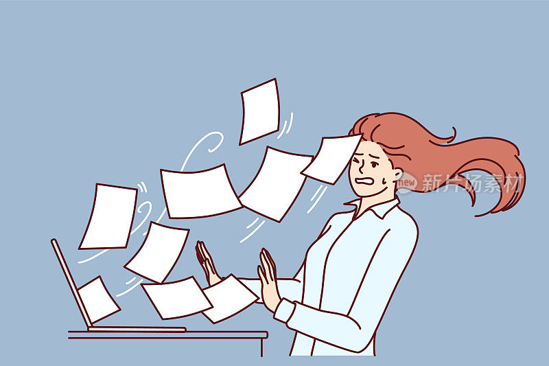 加班的女人有大量的文件或电子邮件飞出笔记本电脑的麻烦
