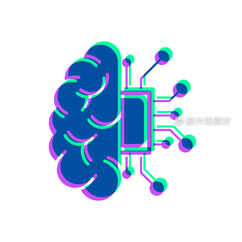 半个大脑和电路板。图标与两种颜色叠加在白色背景上