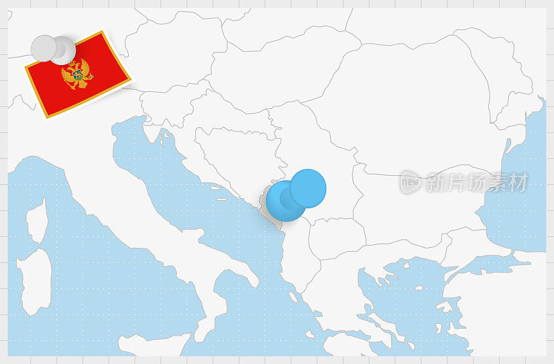 黑山地图，蓝色别针。黑山国旗。