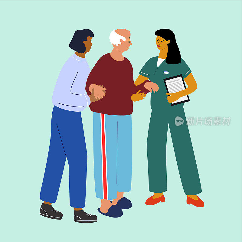 两个护士在和老人交谈。照顾老人和帮助老人的理念。社会工作者在照顾老人。矢量平面卡通插图。