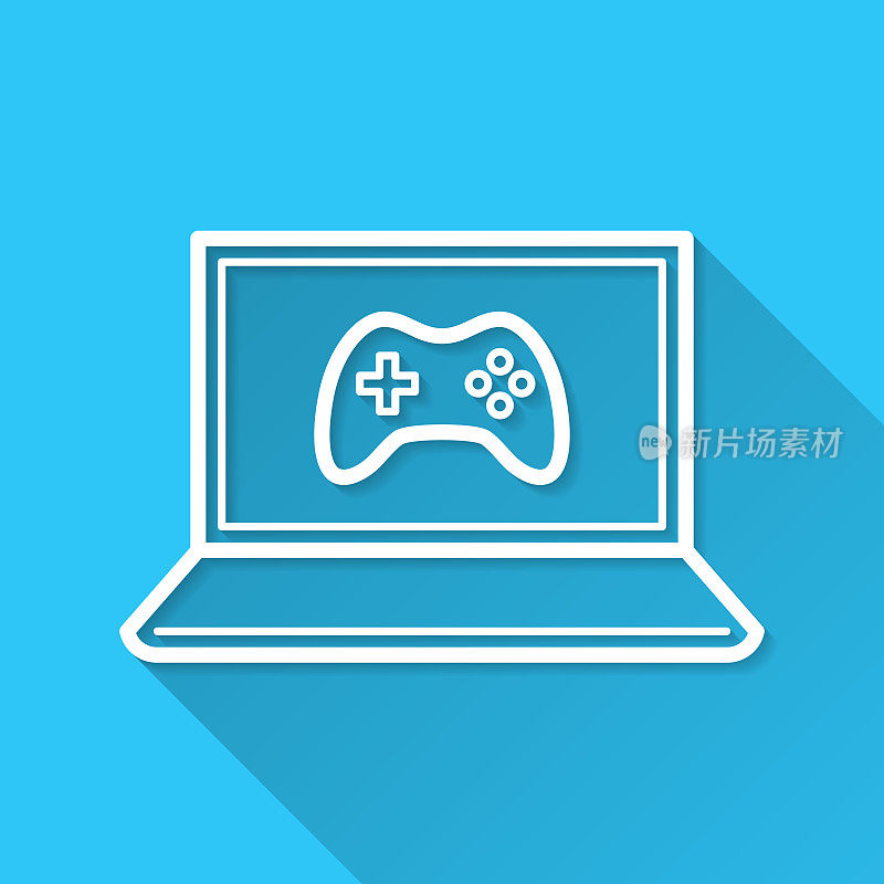 笔记本电脑上的视频游戏。图标在蓝色背景-平面设计与长阴影