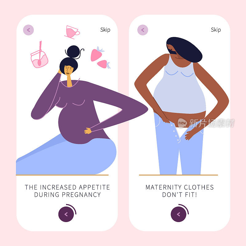 怀孕症状的应用设计。她在怀孕期间食欲大增。孕妇试图穿上不适合大肚子的衣服。怀孕期间体重增加。
