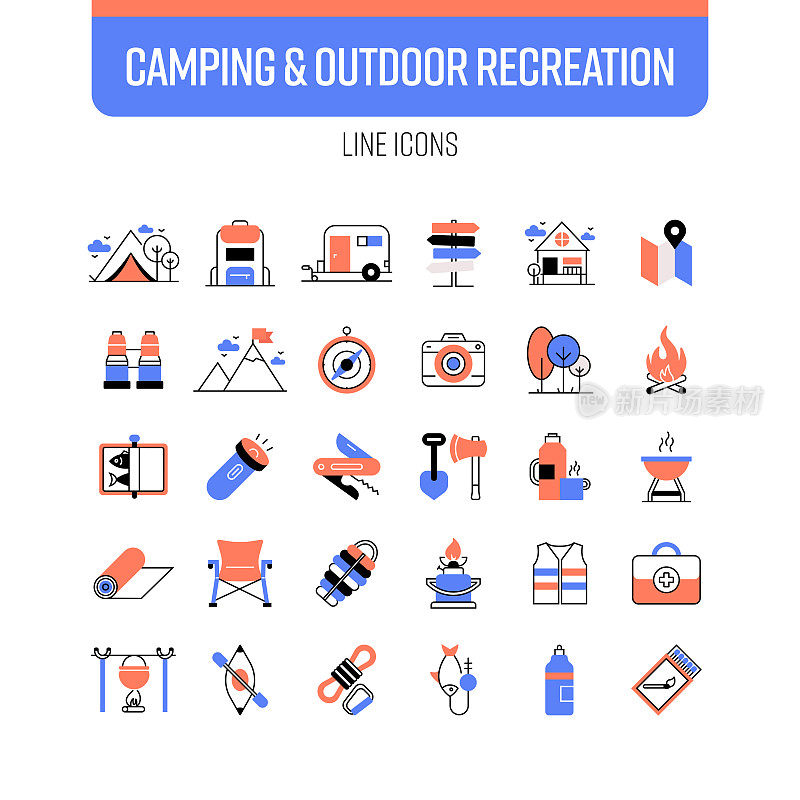露营和户外娱乐线图标集。大篷车，露营帐篷，篝火，旅行