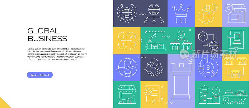 全球商业网络横幅与线性图标，新潮的线性风格矢量