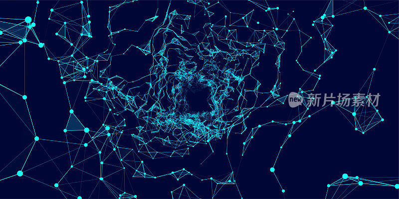 蓝色背景上动态线框隧道。深波虫洞。未来的粒子流。矢量插图。