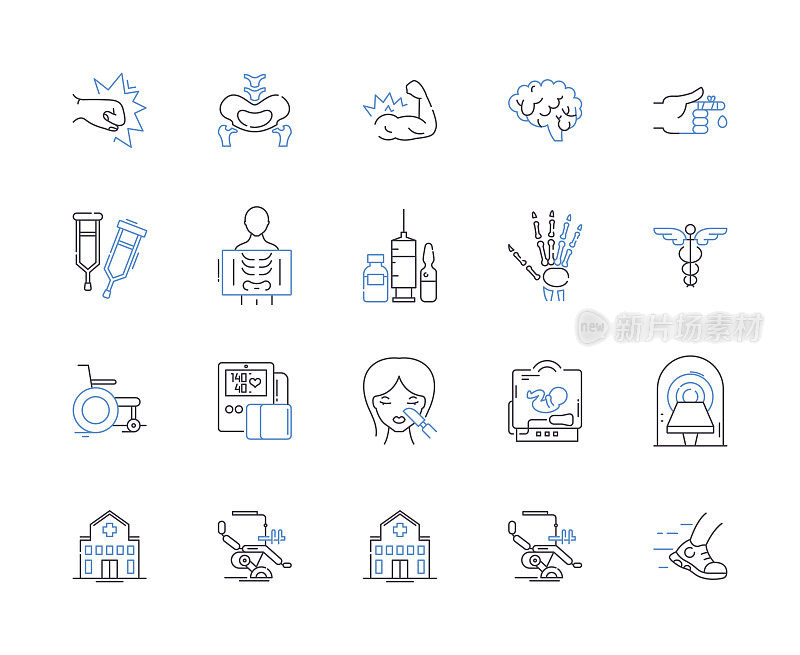 健康检查大纲图标收集。检查，评估，临床，诊断，筛选，医学，检查矢量和插图概念集。测试，实验室，超声线性征象