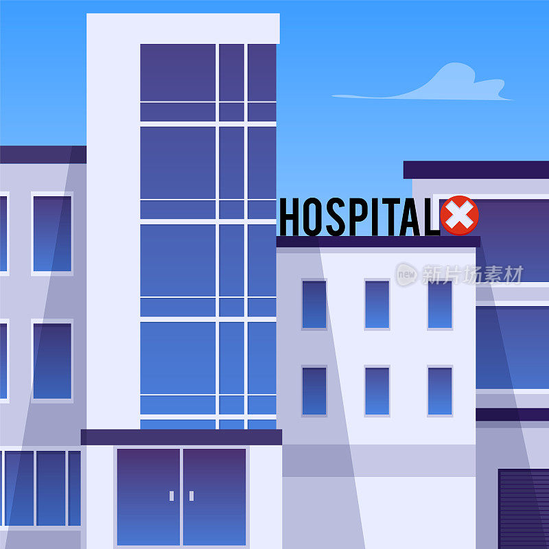 医院建筑外观，方形海报模板-平面矢量插图。现代医学诊所。医疗保健的概念。急救医院大楼。