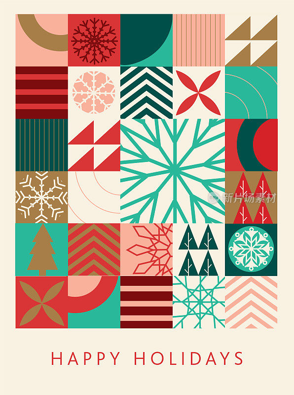 节日快乐问候抽象几何马赛克贺卡平面设计模板与雪花，树木，条纹