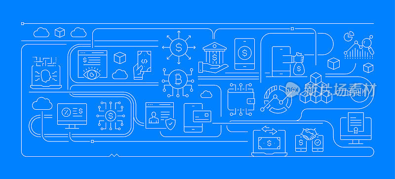 为网页、标题、小册子、年度报告和书籍封面设计金融科技相关的线条风格横幅