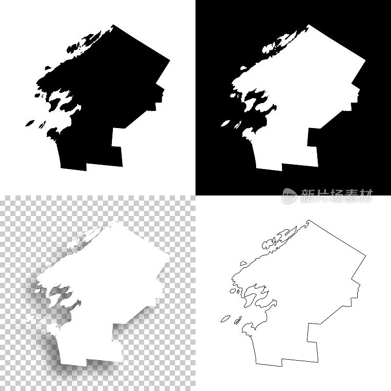 杰斐逊县，纽约。设计地图。空白，白色和黑色背景