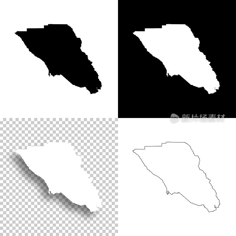 加州索诺玛县。设计地图。空白，白色和黑色背景