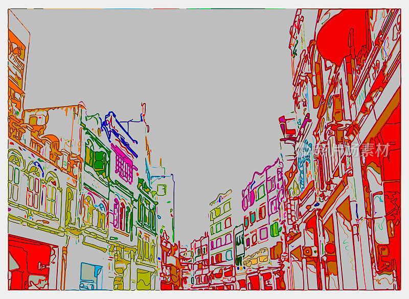 概述艺术风格的卡通城市街道建筑场景图案插画背景