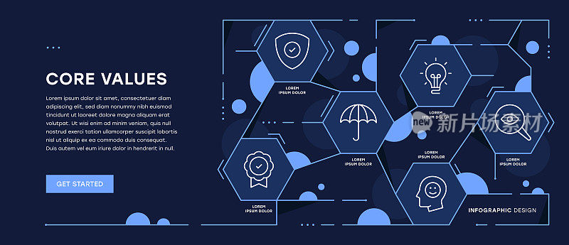 核心价值信息图表Web横幅与可编辑的笔画图标