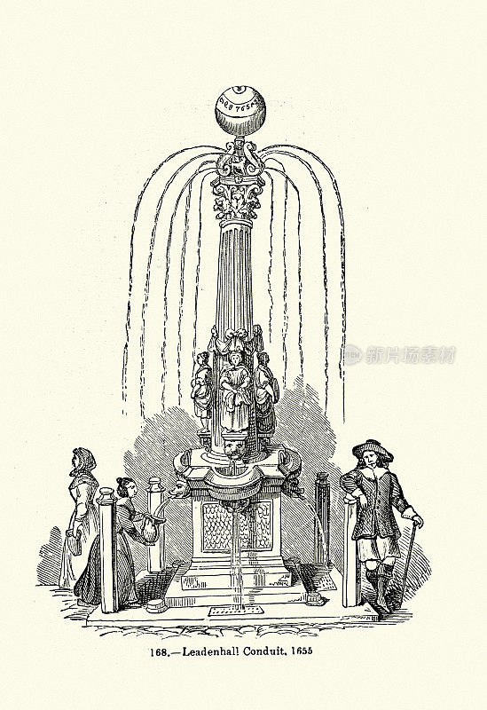 公共饮水机，17世纪的伦敦水管，位于英国伦敦的Leadenhall，用于供应淡水