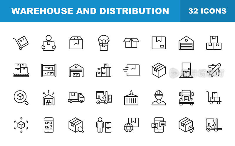 仓库和配送线图标。可编辑的中风。包含这样的图标包装,交付,箱,装运,装配线,库存,车库,叉车,条形码,飞机,物流,配送中心,卡车。