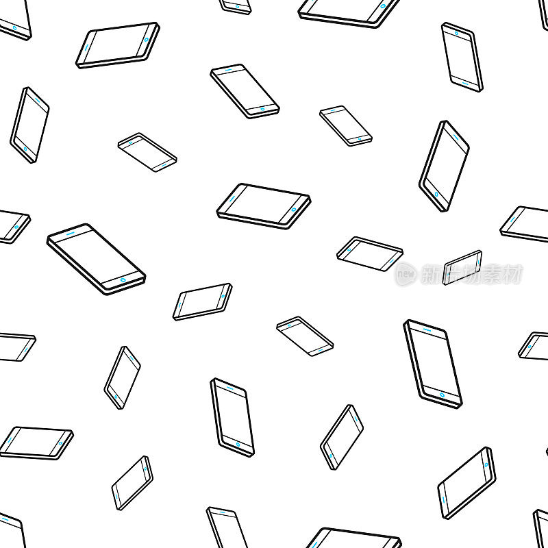 等距智能手机-平面位置。无缝模式。白色背景上的线条图标