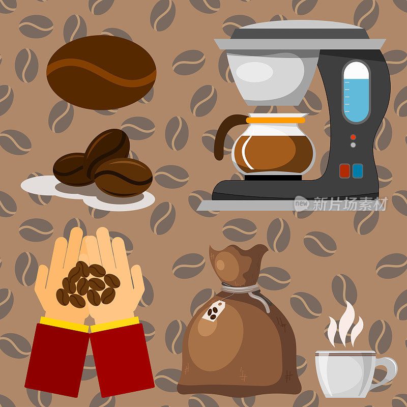 咖啡种植园的咖啡豆喝咖啡，咖啡豆，可可农民种植园咖啡机向量插图