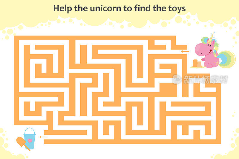 向量迷宫游戏。帮助独角兽找到玩具。儿童教育游戏