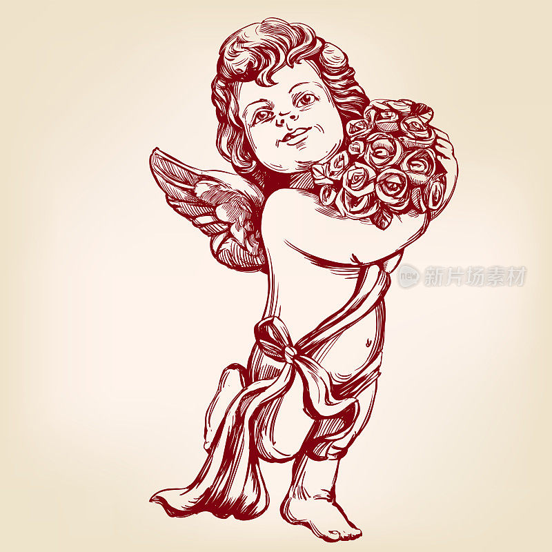 天使或丘比特，小宝贝捧着一束鲜花，贺卡手绘矢量插图逼真素描
