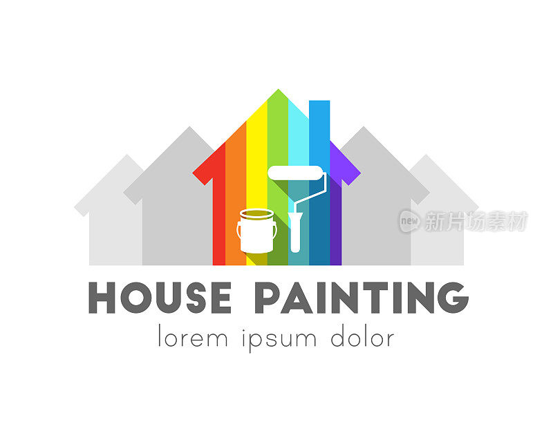 房子绘画概念与彩色的房子前面的灰色。罐和油漆滚筒图标。