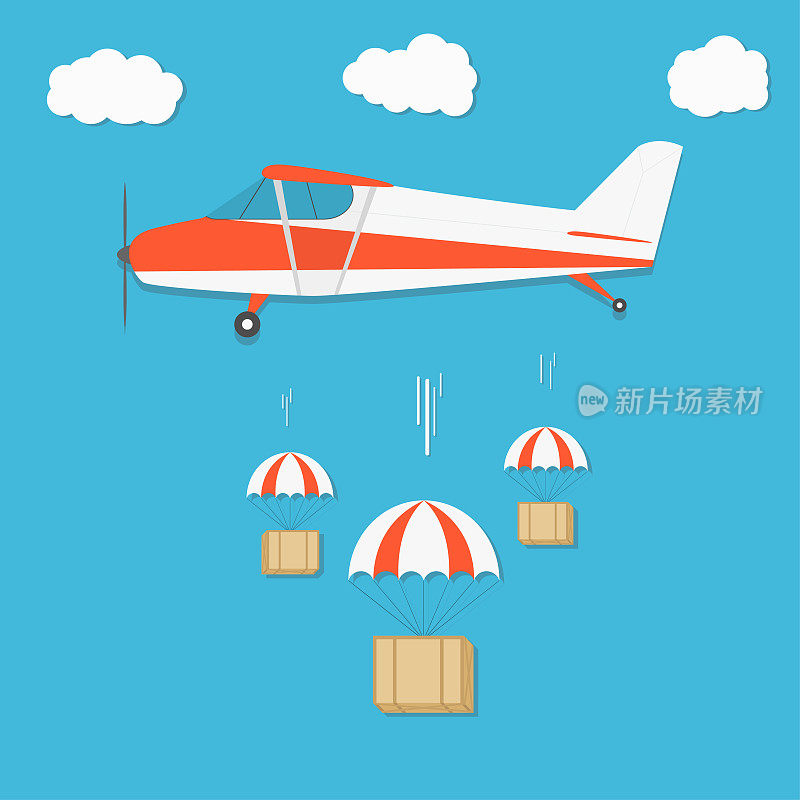 交付。飞机与降落伞箱包裹在蓝天的背景